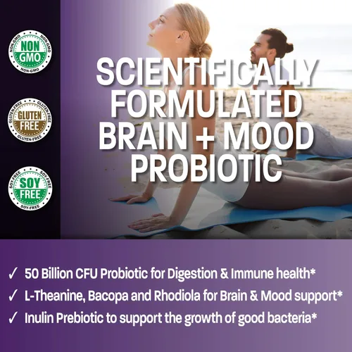 Vista 3 de Bronson Brain + Mood Probiotic 50 Billion CFU Plus Prebiotic with L-Theanine, Bacopa and Rhodiola Non-GMO, 60 Vegetarian Capsules