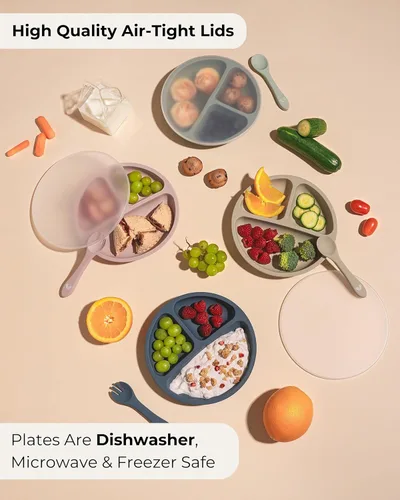 Vista 4 de Hippypotamus Platos para niños pequeños con succión, platos para bebés 100% de silicona de grado alimenticio con tapas, aptos para microondas