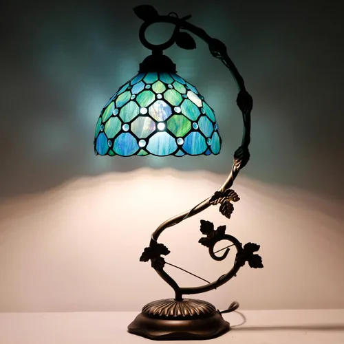 Vista 9 de Tiffany Lamp Stained Glass Table Lamp Metal Leaf Desk Reading Light 8X10X21 Inch Decor Small Space Bedroom Home Office (Sea Blue Pearl)