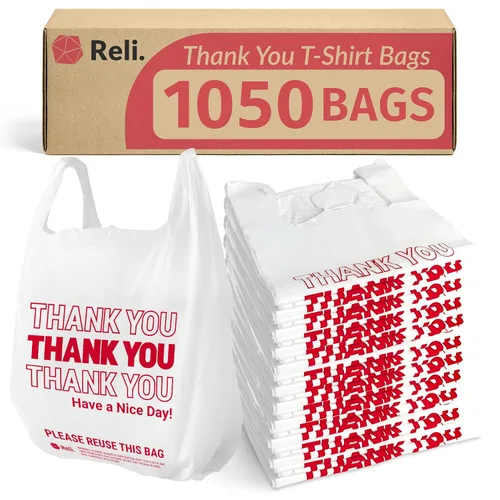 Reli. Bolsas de plástico Thank You (1050 unidades) | Bolsas de comestibles blancas con asas | Compras (plástico)