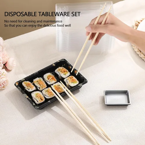 Vista 7 de Juego de vajilla desechable para 50 bandejas recipientes de sushi con tapas de 7.3 x 5.1 pulgadas, cajas desechables para sushi para llevar, 50