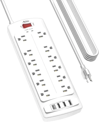 Vista 10 de ALESTOR - Regleta de enchufes con protector contra sobretensiones, 12 tomas de corriente y 4 puertos USB, cable de extensión de 6 pies