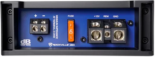 Vista 7 de Rockville dB11 1400W Peak/350W RMS Mono 2-Ohm Class-D Car Amplifier, Wired Bass Remote, Compact Size, Low THD, for Powerful Car Audio