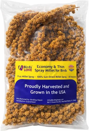 Mijo en aerosol de 9 onzas para pájaros, sin OMG, sin tallos (solo tapas comestibles), 100% natural secado al sol para cacatúas, agapornitos,