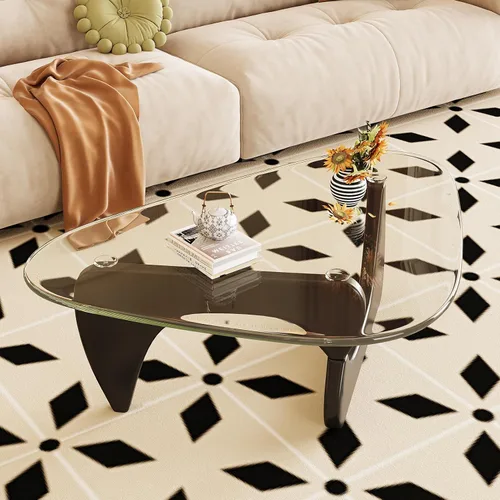 Vista 7 de Mesa de centro para sala de estar, mesa central moderna de mediados de siglo con parte superior de cristal, color negro transparente