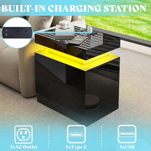 Vista 6 de AMERLIFE Juego de mesa de sala de estar de 3 piezas de alto brillo, modernos juegos de mesa de centro LED de 3, mesa central de 2 niveles con 2 Negro