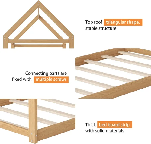 Vista 10 de Merax Cama de casa de madera, cama de piso con listones de madera, no necesita somier, tamaño individual, gris