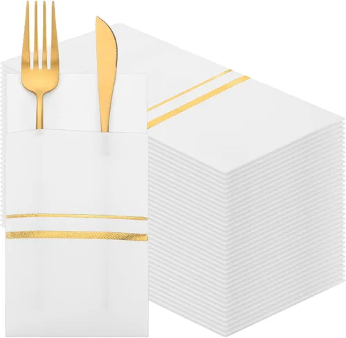 Vista 9 de Roshtia Paquete de 100 servilletas desechables de lino con bolsillo integrado para cubiertos con ribete dorado, papel preplegado para bodas