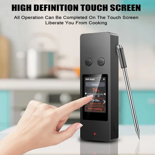 Vista 8 de Termómetro inalámbrico Bluetooth para carne, no necesita aplicación, rango de 800 pies, sondas ultrafinas duales, IP67 impermeable, pantalla táctil