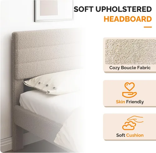 Vista 4 de VINGLI Base de cama individual para niños, cama de plataforma tapizada Boucle con cabecera ajustable, soporte de listones de madera resistente, cama