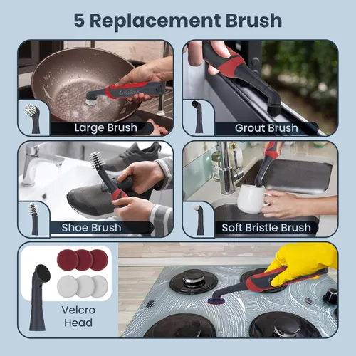Vista 3 de LifeBasis Kit de Cepillo Restregador Eléctrico Recargable de 11 Piezas, Cepillo de Limpieza Eléctrico Inalámbrico, IPX7 Impermeable, Cepillo