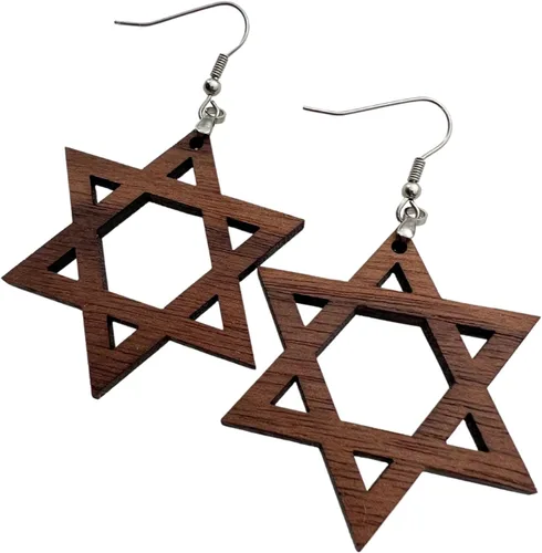 Vista 3 de Star of David Natural Solid Walnut Wood Cutout Earrings Jewish Star Size Medium 1.75