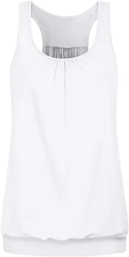 Vista 9 de Camiseta de entrenamiento para mujer, espalda cruzada, ajuste holgado, cuello redondo, sin mangas, fruncida, con parte inferior