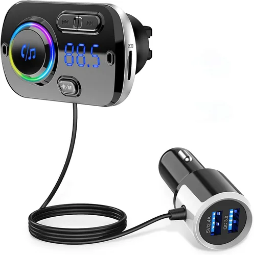 Transmisor FM Bluetooth 5.0 manos libres kit de coche con carga rápida QC 3.0 adaptador de radio de coche con micrófono CVC reducción de ruido