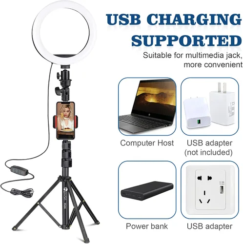 Vista 4 de HPUSN - Anillo de luz con trípode: anillo de luz para selfie con anillo de soporte para teléfono, luz circular regulable para YouTube Live Stream