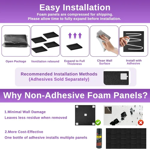 Vista 6 de Paquete de 52 paneles de espuma acústica, 1 x 12 x 12 pulgadas, paneles de pared de espuma acústica de absorción de sonido (negro)