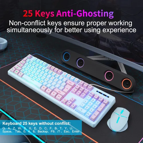 Vista 3 de HUO JI Teclado para juegos con cable USB con retroiluminación LED arcoíris, teclas flotantes, sensación mecánica, resistente a derrames, ergonómico