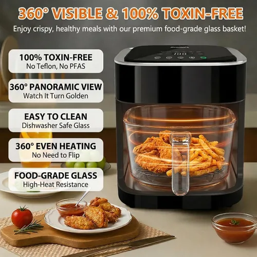 Vista 4 de Freidora de aire de vidrio con modos de cocción preestablecidos 8 en 1, olla de visión transparente de 4.5 cuartos de galón, no tóxica, apta