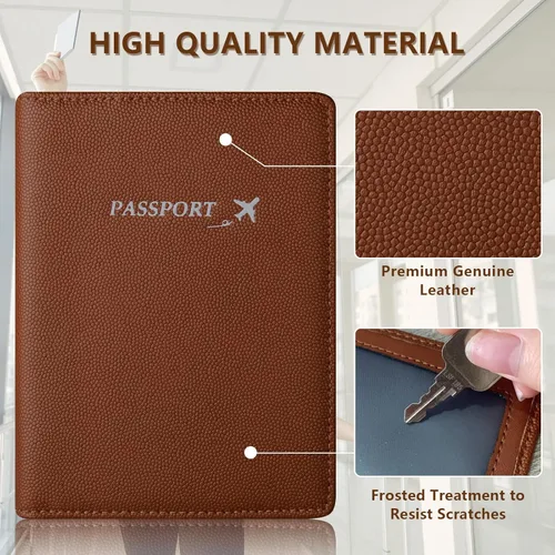 Vista 4 de Funda de cuero genuino para pasaporte, funda para pasaporte para hombres, funda para pasaporte con bloqueo RFID con ranura para tarjeta