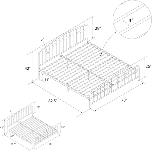 Vista 9 de Novogratz Bushwick - Marco de cama Queen de metal con cabecera ligeramente triangular, husillos insertados, base ajustable para almacenamiento,