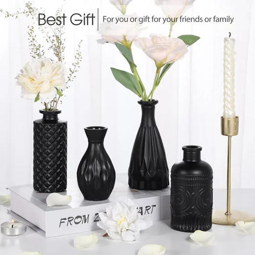 Vista 4 de TBWIND Juego de 12 jarrones de cristal negro para capullos, jarrones pequeños para flores, jarrón para capullos para centros de mesa al por mayor