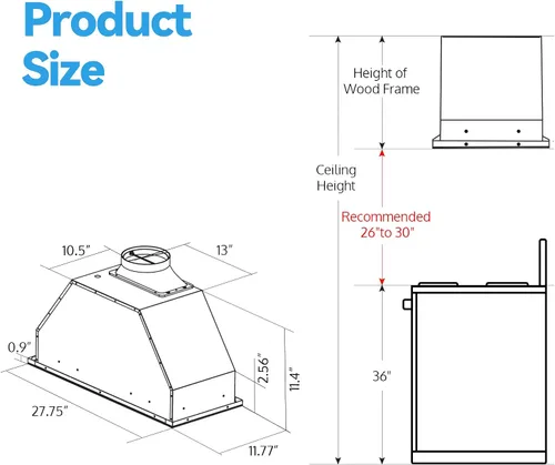 Vista 7 de HisoHu Campana extractora empotrable de 30 pulgadas, 1200 CFM con conductos convertible a sin conductos (kit incluido), panel de control táctil