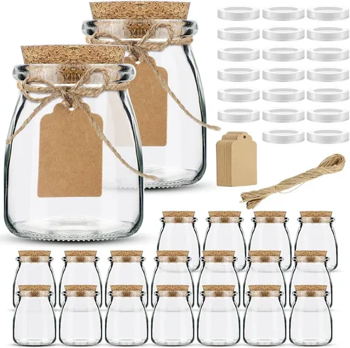 Folinstall Tarros de vidrio pequeños de 7 onzas con tapas de corcho, paquete de 20 recipientes de yogur con tapas de polietileno para dulces,