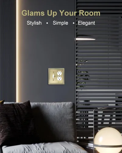 Vista 6 de Paquete de 2 Placas de Cubierta Combinadas para Interruptor de Palanca/Dúplex, Placa de Cubierta de Enchufe de Pared de Metal de Latón Antiguo