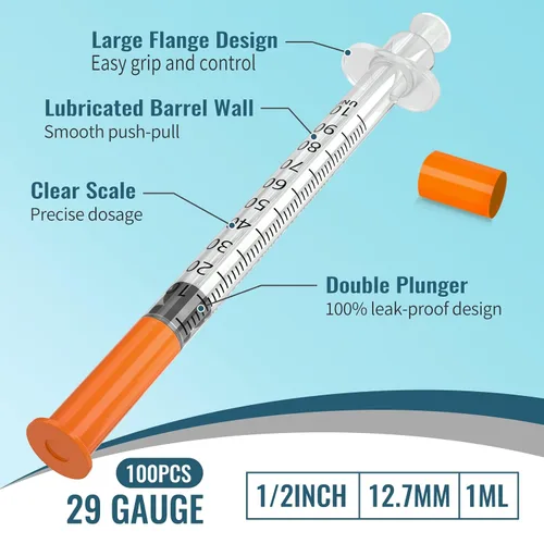 Vista 4 de Jeringas de insulina, 0.0 fl oz, 29G, 1/2" (12.7 mm) con aguja, U-100, envasadas individualmente, paquete de 100