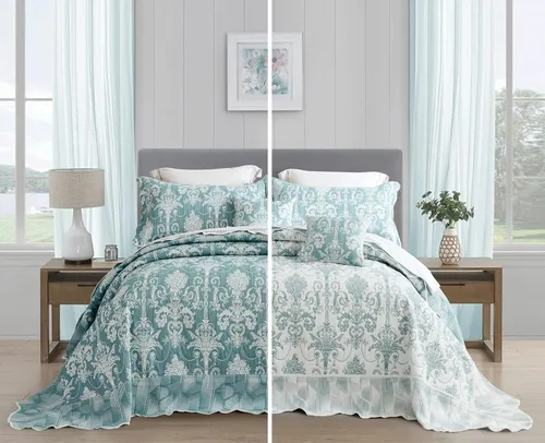 Vista 13 de Edredón extragrande para cama King, diseño de patrón damasco matelasse de jacquard, ligero, reversible, 5 piezas, 100% microfibra, pasta de frijol