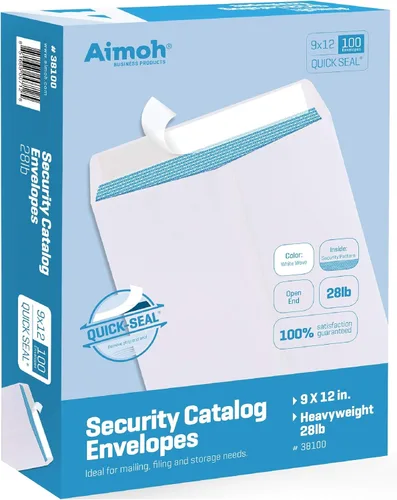 Aimoh (38100) 100 sobres de catalogo blancos 9 x 12 con cerramiento adhesivo ultrafuerte 28LB para catálogos, fotos, cartas y documento de correo, 9