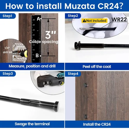 Vista 4 de Muzata Paquete de 20 barandillas invisibles negras de 1/8 pulgadas para poste de madera, kit de barandilla de cable de cubierta de acero inoxidable