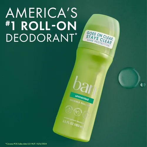 Vista 5 de Desodorante antitranspirante roll-on sin perfume, original de Ban (3.50 onzas), paquete de de 4