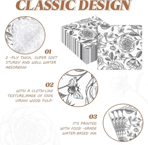 Vista 3 de Servilletas de almuerzo de 100 unidades, servilletas de cóctel a granel para fiestas, servilletas desechables de papel decorativas, servilletas