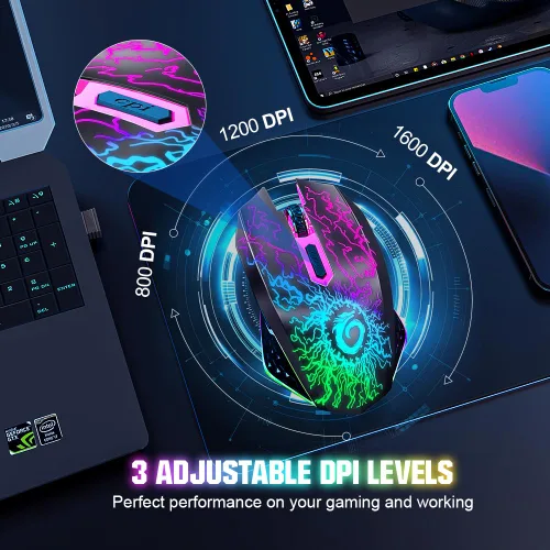 Vista 5 de VersionTECH. Ratón inalámbrico para juegos, recargable, con luces LED coloridas, clic silencioso, receptor USB nano 2.4G, 3 niveles de DPI para PC