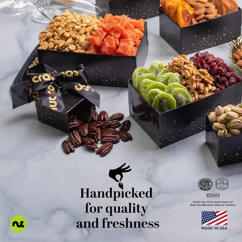 Vista 7 de Cesta de regalo de frutas secas y frutos secos mixtos, torre negra + cinta (12 surtidos), plato de arreglo para el día de San Valentín, ramo