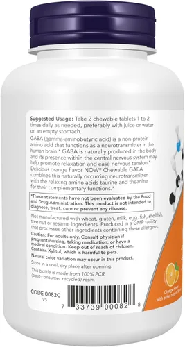 Vista 3 de NOW Foods Suplementos, GABA (Ácido Gamma-Aminobutírico), Soporte de Neurotransmisores*, Sabor a Naranja, 90 Masticables