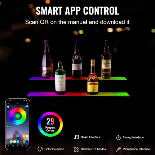 Vista 3 de VEVOR Pantalla de botella de licor con iluminación LED, 2 niveles de 30 pulgadas, compatible con USB, estante iluminado de bar para el hogar