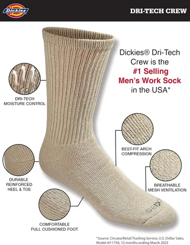 Vista 2 de Dickies - Calcetines altos con control de humedad, de tecnología Dri-Tech para hombre, paquete de varias