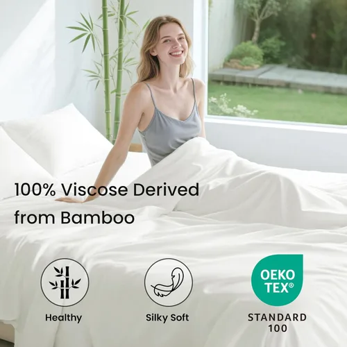 Vista 2 de Love's cabin Juego de sábanas tamaño individual de 3 piezas, 100% rayón derivado de bambú, refrescante y transpirable, bolsillo profundo suave