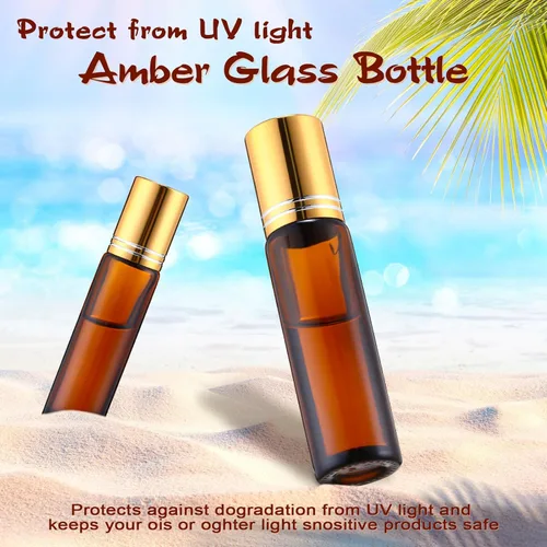 Vista 5 de Tanlade 100 botellas de rodillo de aceite esencial de 0.3 onzas líquidas, de color ámbar, rellenables, a prueba de fugas, con embudos y bolas