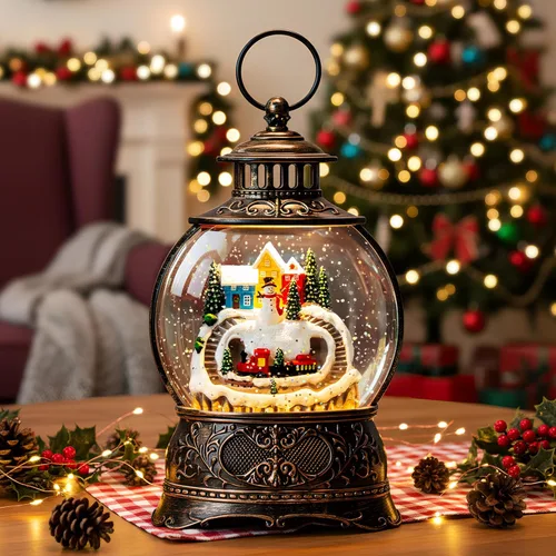 Vista 23 de Linterna de globo de nieve de Navidad con agua con escena de jengibre, funciona con batería o USB, luz musical iluminada, decoración festiva