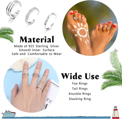 Vista 2 de Udalyn - Juego de 3 anillos de plata de ley 925 para mujer, ajustable, anillo de dedo para pies, hipoalergénico, anillo abierto