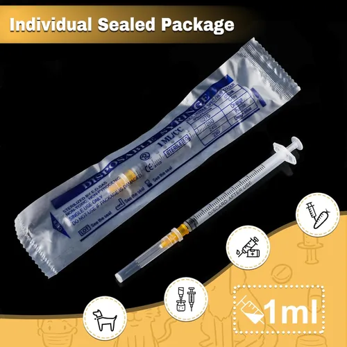 Vista 4 de 50 paquetes de jeringas de 1ml con aguja de 25Ga de 1 pulgada, embalaje sellado individualmente