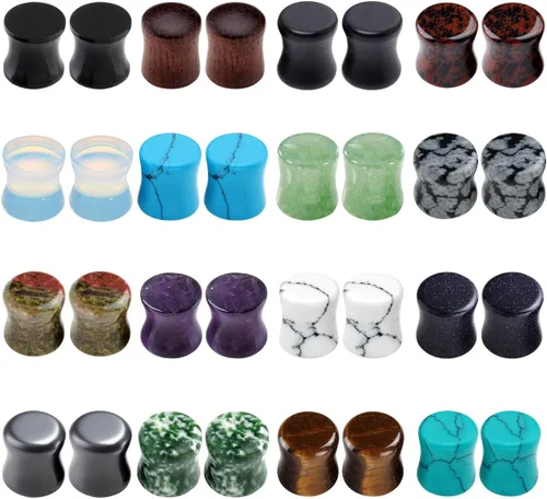 PiercingJ Juego de tapones de piedra mixta de madera acrílica, 16 pares32 piezas, tapones para los oídos, dilatadores de oído, dilatadores de oreja