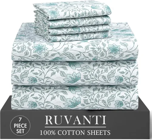 Vista 60 de RUVANTI 4 piezas de sábanas de algodón - 100% algodón natural suave, ligero y transpirable, sábanas de percal crujiente, juego de sábanas Botanica