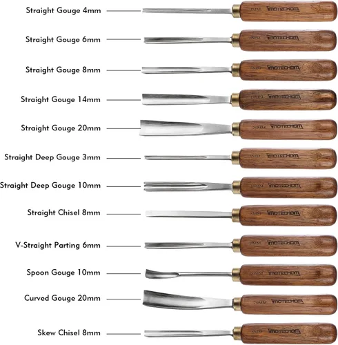 Vista 3 de Juego de cinceles de herramientas de tallado de madera para carpintería de 12 piezas con caja de madera, cuchillas de acero CR-V 60 afiladas