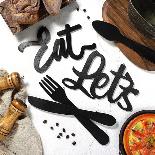 Vista 7 de Jetec 5 carteles de decoración de pared de cocina, tenedor, cuchara, cuchillo, decoración de cocina, letrero rústico de madera para decoración