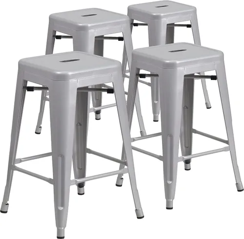 Vista 11 de Taburete de 24 pulgadas de alto para interior y exterior con asiento cuadrado., Metal, Negro