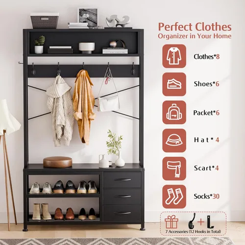 Vista 3 de Lulive Perchero de pie con banco y almacenamiento de zapatos, perchero independiente de 31.5" con estante de almacenamiento de 2 niveles, banco